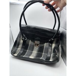 Relic Fossil Plaid‎ Wool Handbag Purse Buckle Closure Leather Trim Retro Classic